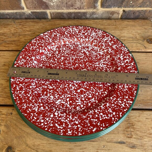 Robert Stanley Enamelware Serving Plates Chargers Red White Speckled Green Edge - Picture 3 of 13